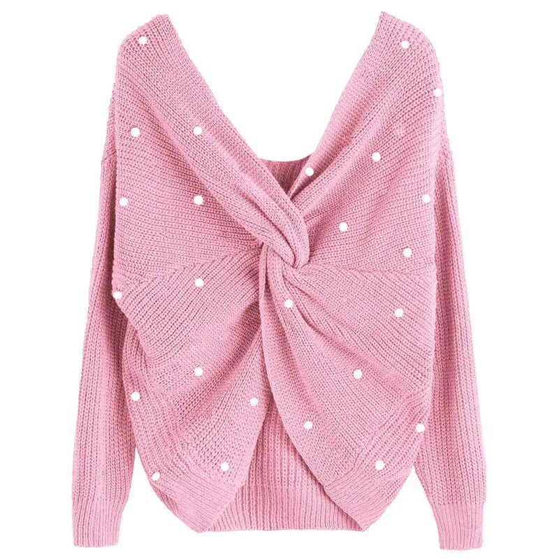 

2018 Loose backless beading knitted pullover sweater European back irregular cross Loose open backless beading knitted pullover