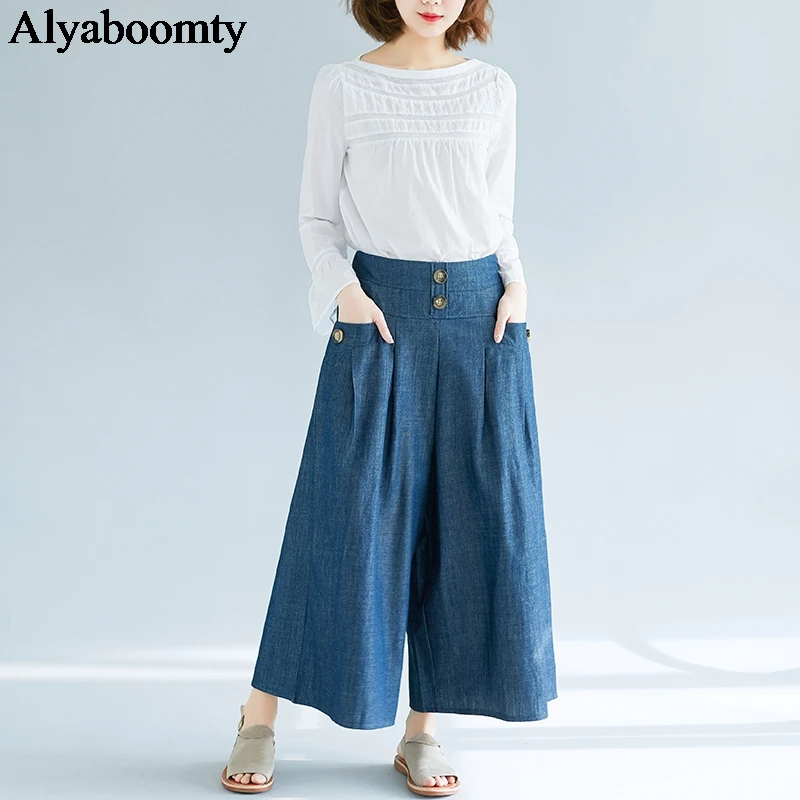 

Korean Plus Size Spring Summer Women Jeans Elastic Waist Washed Blue Denim Lady Trousers Vintage Cotton Oversize Wide Leg Pants