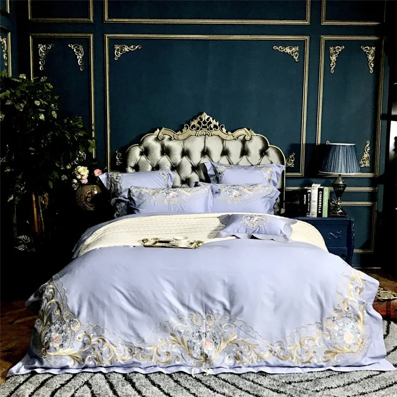 

60S Egyptian Cotton luxury Light blue Pink Royal Embroidery Bedding Set Duvet Cover Bed sheet Pillowcases Queen King Size 4pcs