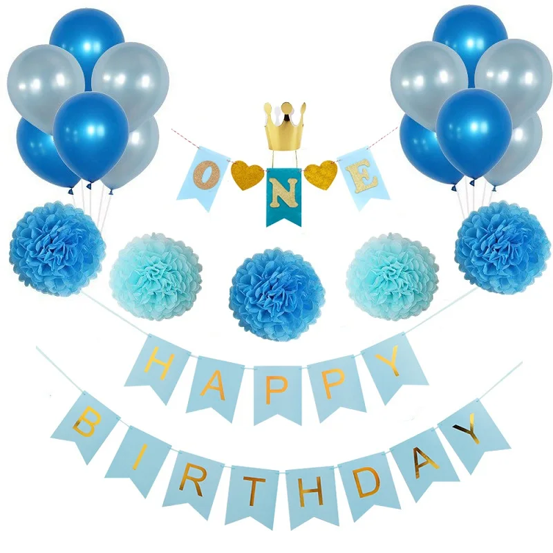 

20PCS/Lot Pink Paper Pompoms Flowers Baby ONE YEAR Birthday Banner Crown Hat Baby balloons Happy Birthday Party Decorations