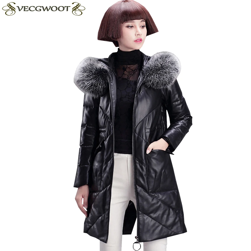 

Female Long Genuine Leather Jacket Women New Winter Warm Hooded Genuine Leather Down jacket Women Large size Leather jacket S588