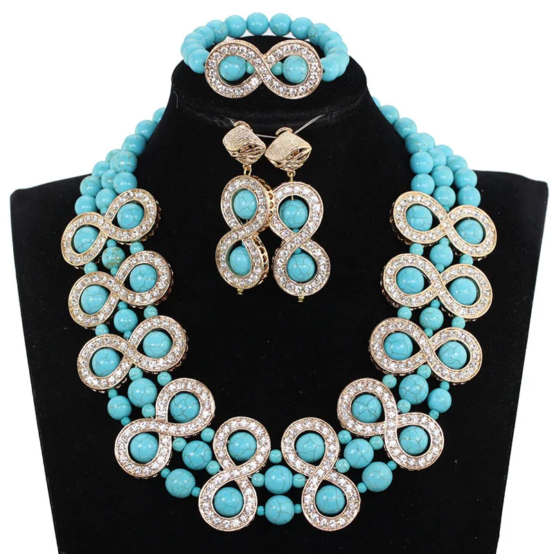 Blue African Chunky Beaded Costume Women Jewelry Set 8 Shaped Gold Real Stone Wedding Necklace