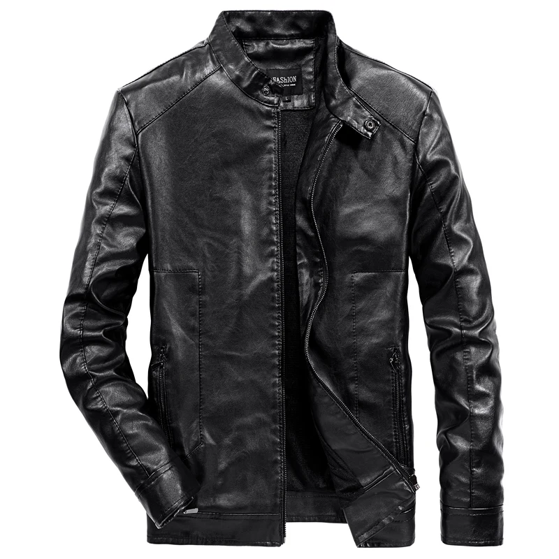 

2019 Spring Autumn PU Leather Jacket Men Slim Fit Coat Stand Collar Zipper Jackets Solid Color Casual B Leather Coat WN34