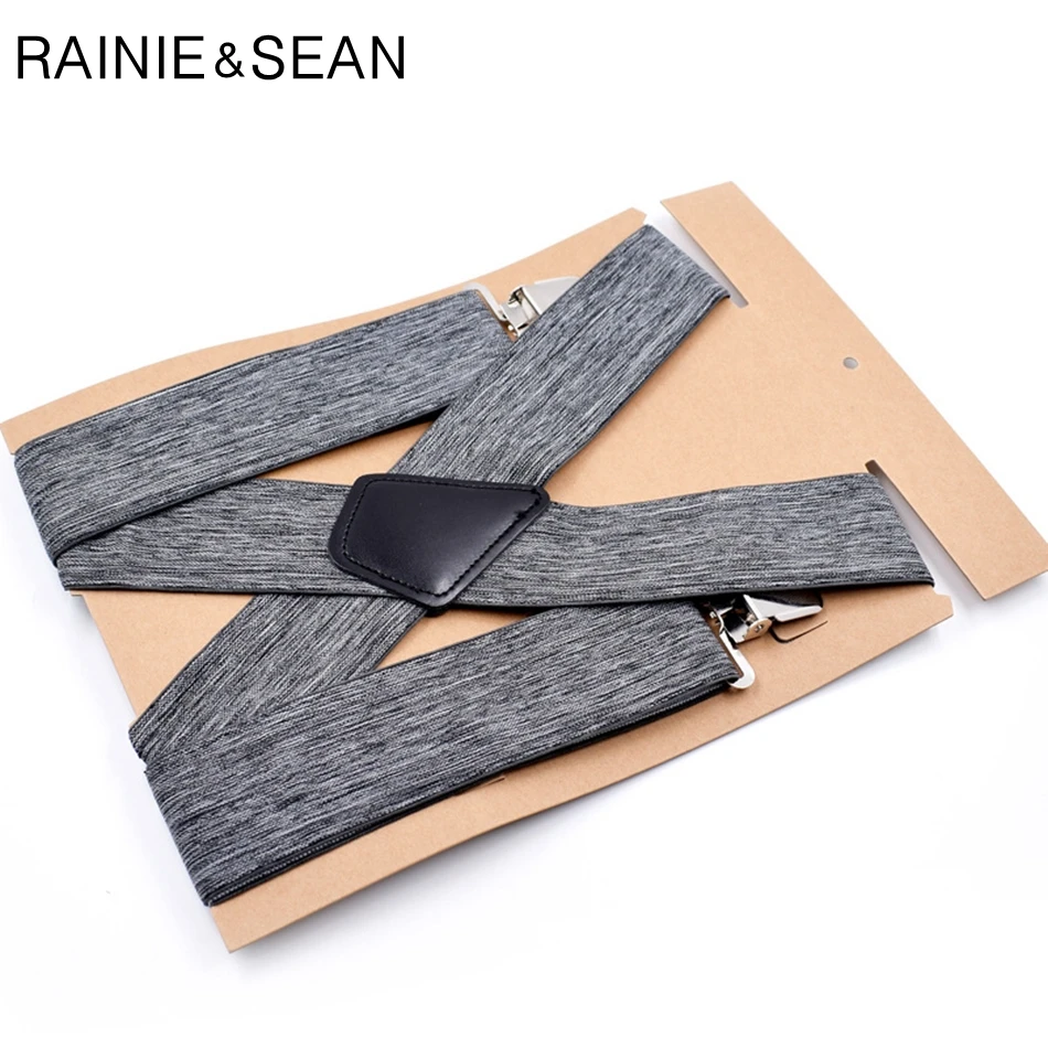 RAINIE SEAN Men Adult Suspenders Grey Mens Braces For Trousers Male Elastic Adjustable Wide Suspender Belt With 4 Clips 120cm RAINIE SEAN Men Adult Suspenders Grey Mens Braces For Trousers Male Elastic Adjustable Wide Suspender Belt With 4 Clips 120cm