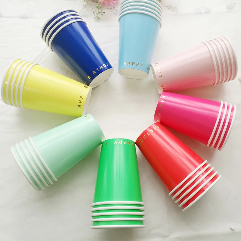 

8pcs/lot Gold PINK BLUE RED Disposable Tableware Paper Cup Happy Birthday Party Supplies Baby Shower Decoration