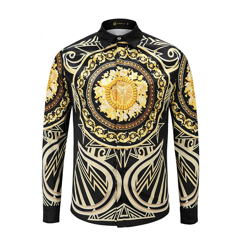 

2019 Gold Black 3D Print Men Shirt Long Sleeve Luxury Retro Casual Slim Fit Dress Shirts Camisa Social Masculina Chemise Homme