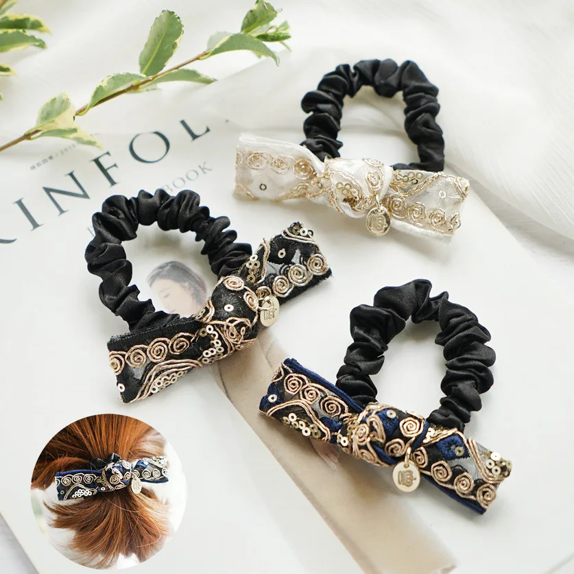 

Korea Gold Lace Embroidered Bow Elastic Hair Bands Elegant Hair Accessories For Girls Rubber Band Gum For Hair Tie For Women