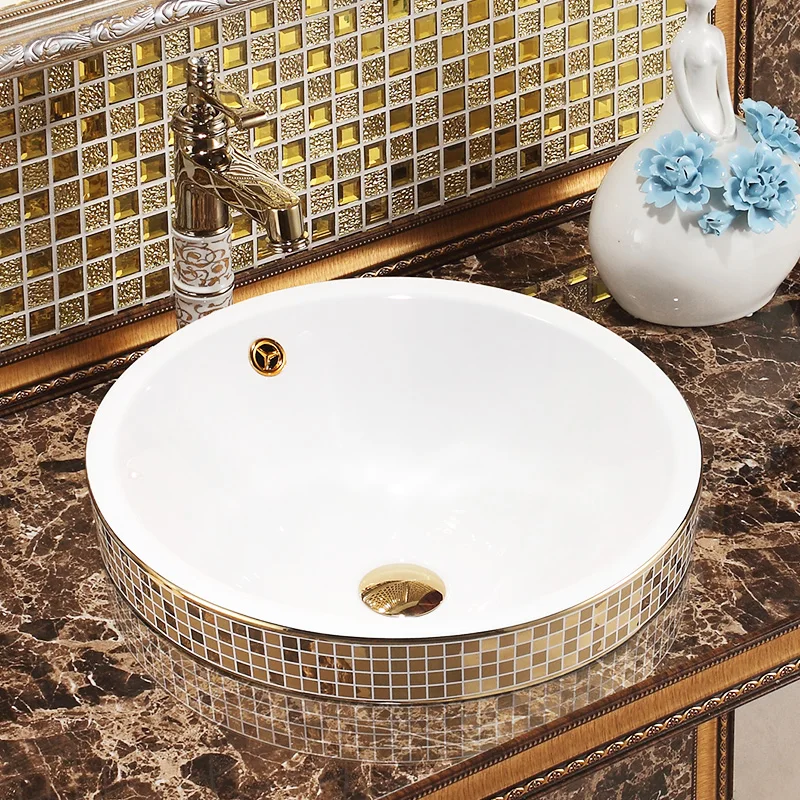 Gold Round art basin European ceramic wash basin American table basin semi-embedded bathroom sinks counter top basin (1)