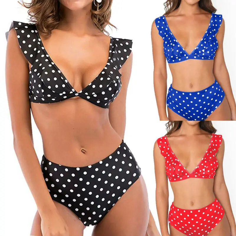 

High Waist Bikini with Ruffle Women New Two Piece Swimsuit Set Polka Dot Triangle Swimwear Padded Female Sexy Bathing Suit