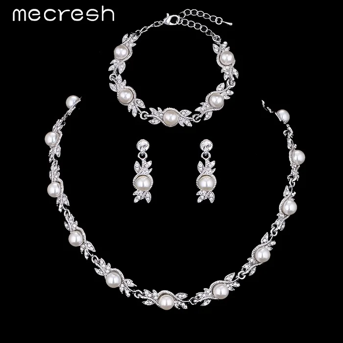 Mecresh, искусственный жемчуг, Свадебные Ювелирные наборы, серебряный цвет, кристалл, свадебное ожерелье, серьги, браслеты, ювелирные наборы MTL444+ MSL197 - Окраска металла: 3 Pcs