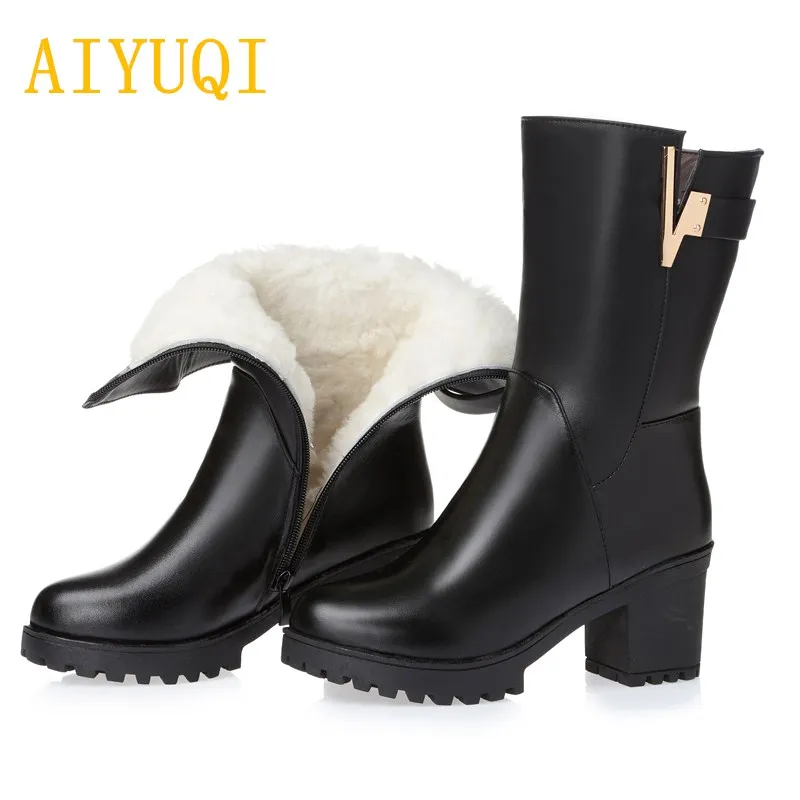 

AIYUQI 2019 New Genuine Leather Women's Wool Boots, Rubber Fashion Warm Women's Snow Boots, Winter rubber riding boots women