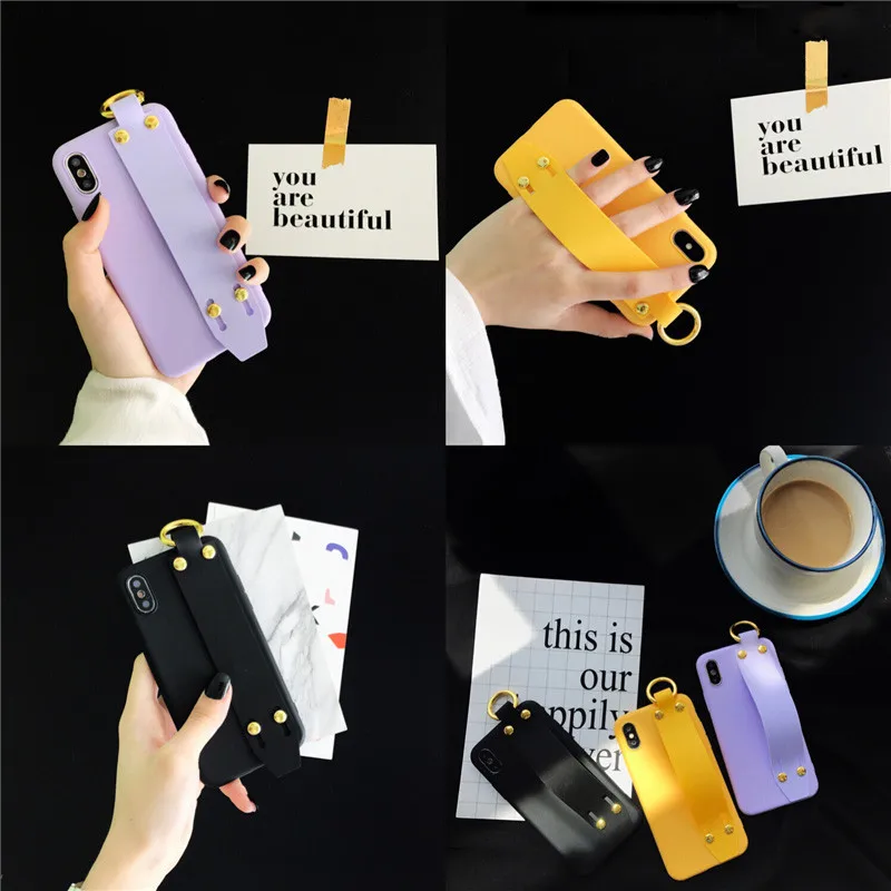 LUDI Wrist Grip Belt Strap Phone Case for iPhone 7 Case for iPhone X 6 6S 7 8 Plus Soft Silicon Plain Retro Matte Phone Covers  06