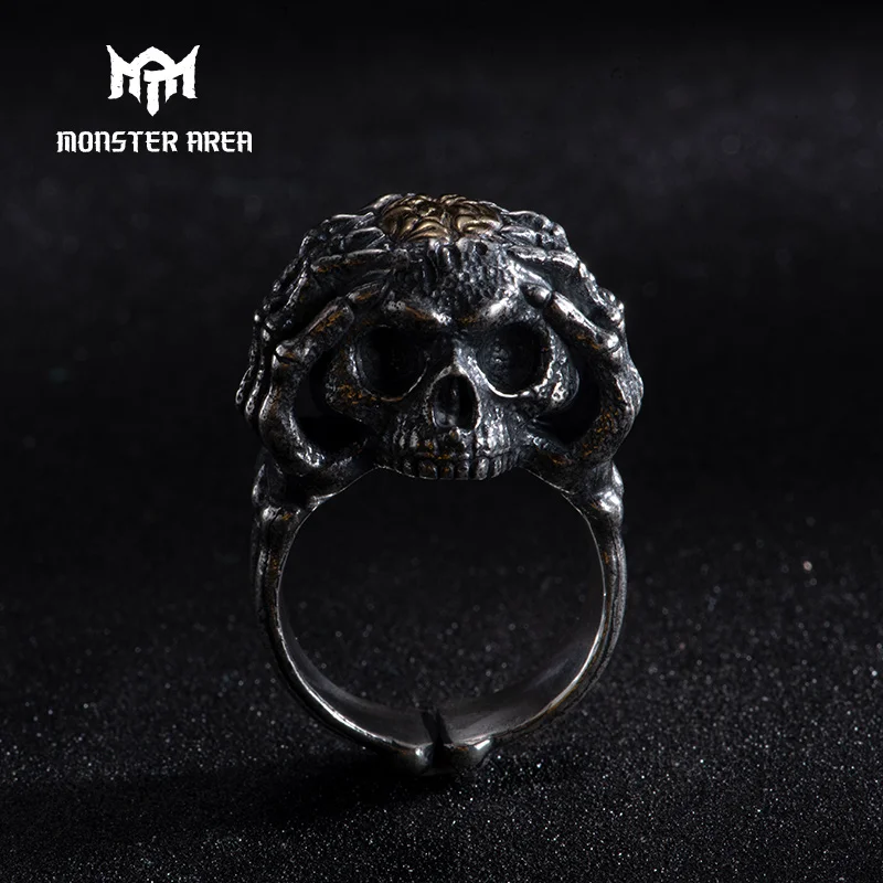 

MONSTER AREA Sterling Silver Skull Ring Men Adjustable Punk Rock Skeletons Mens Gothic Halloween Jewelry
