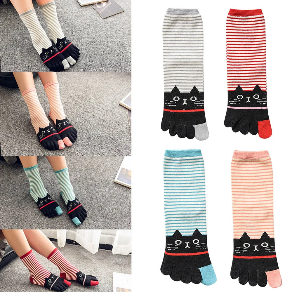 

Winter Women Girls soft Cat Print Multicolor Bar Toe Socks Five Finger comfortable Sock Cotton L50/0104