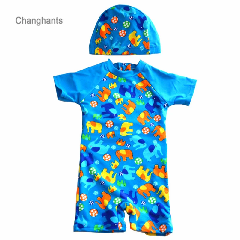 

New Models Kid Boys Surfing Suits Children One Piece Swimsuit Blue with Elephant Pattern Long-Sleeve Swimwear Swimming cap