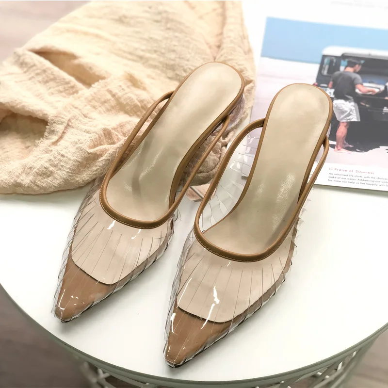 

Transparent Pvc Women Slipper Crystal Funky Heel Woman Shoes Pointed Toe Summer Outdoor Chic Shoes Lady Mules Sapato Feminino