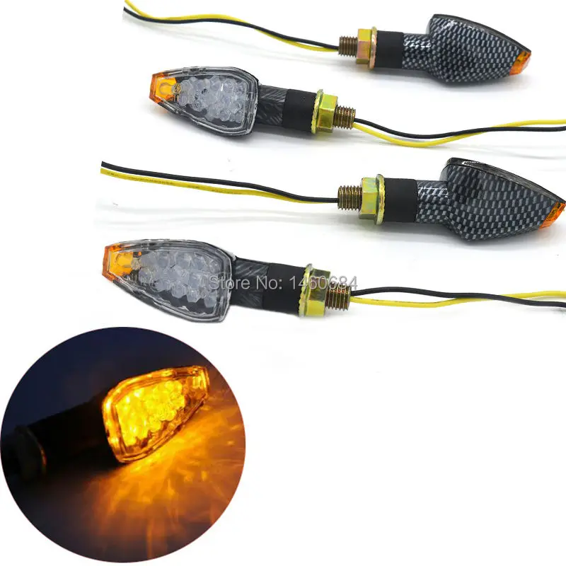 4 PCS Universal Motorcycle Carbon Fiber Housing Yellow Lens 14 LED Turn