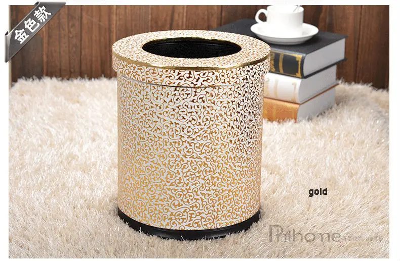 10L round double layer built in metal & leather trash garbage waste