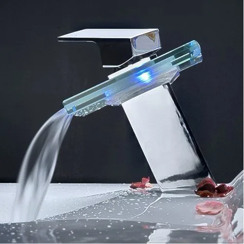 Ванная комната батарея RGB светодиодный светильник раковина смеситель хромированная латунь стекло водопад кран