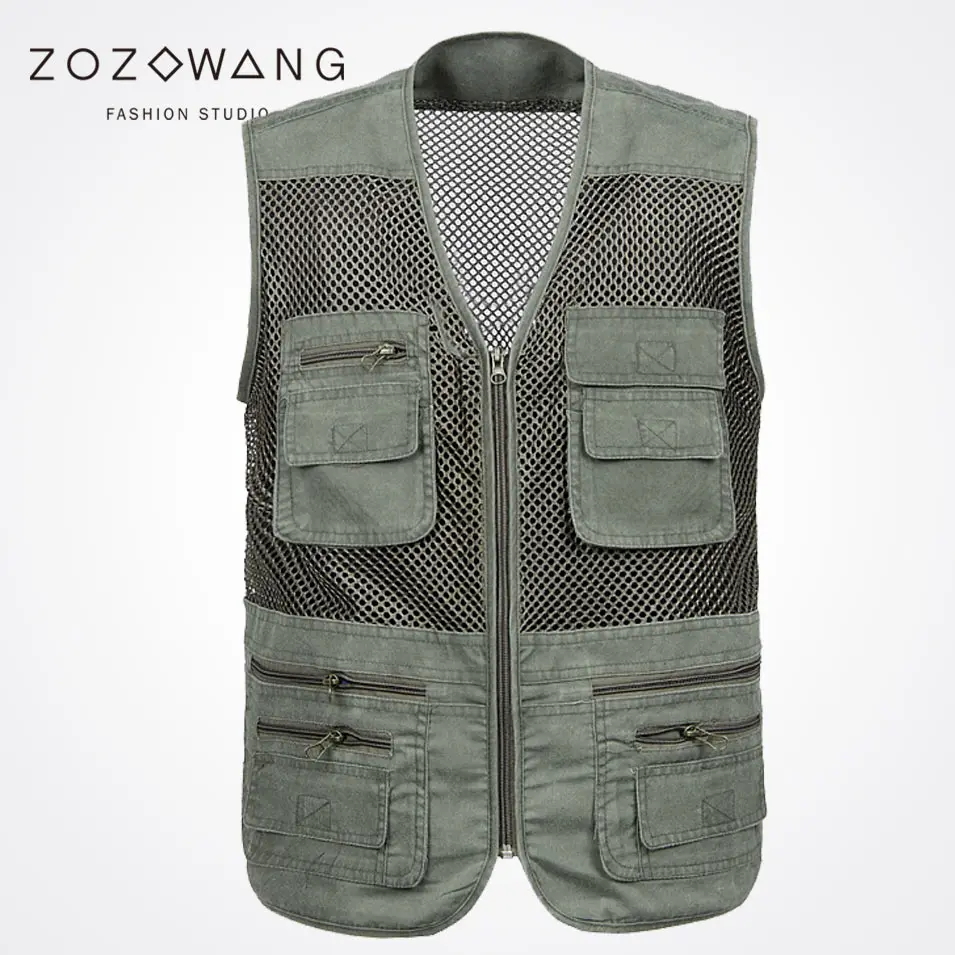 

Zozowang new refreshing mesh short solid casual zipper Big pocket plus size summer spring autumn waist coat men fashion vest men