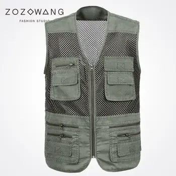

Zozowang new refreshing mesh short solid casual zipper Big pocket plus size summer spring autumn waist coat men fashion vest men