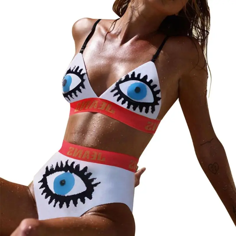 Женский сексуальный комплект бикини из двух предметов с принтом в виде граффити, ресницы, большие глаза, спортивный купальник с принтом, высокая талия, с буквенным принтом, с поясом, беспроводной, No-Padd