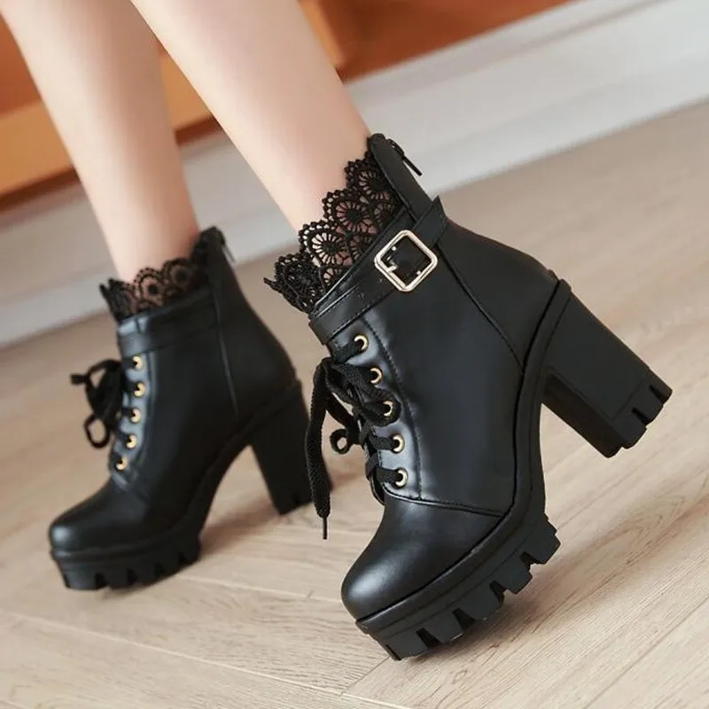 

winter New pattern High-heeled Coarse heel Martin boots Frenulum Waterproof Thick bottom Large code white Women Boots 34-43 C343
