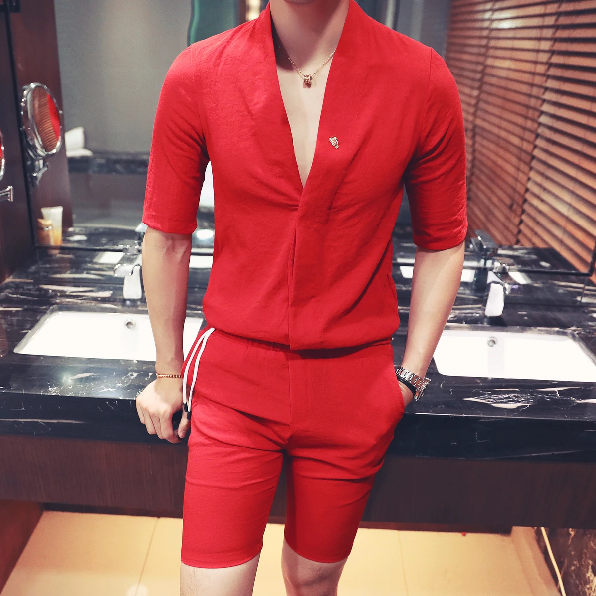 

Two Piece Solid Men Set V Shape Sexy Causual Men Set Shirt And Elastic Short Pant Summer Shirt Half Short Pantaloni Tuta Uomo