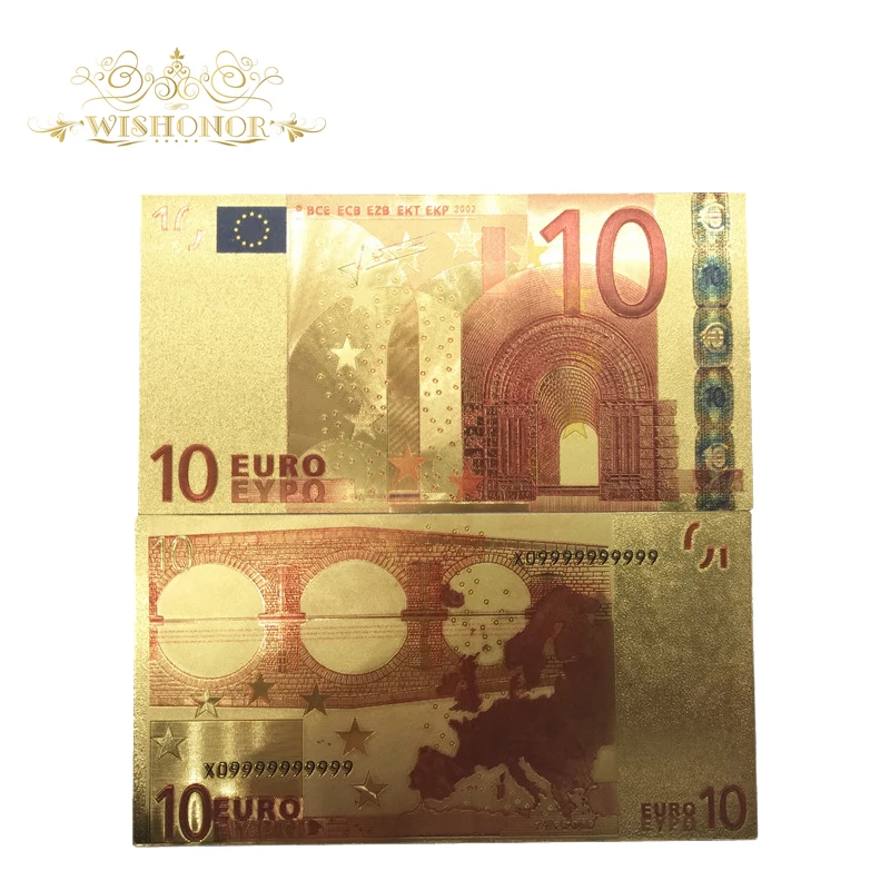 10 шт./лот хороший Цветной Европа Золотые банкноты 10 евро банкнот в 24 К золото Фольга Покрытием Поддельные деньги для коллекции