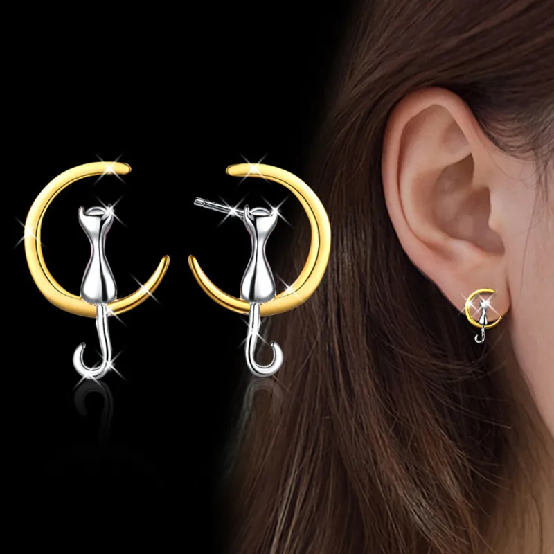 

QianBei 925 Sterling Silver Cut Litter Cat Kitty Moon Stud Earrings Simple Jewelry Gift Small Animal Earrings Wedding Gift
