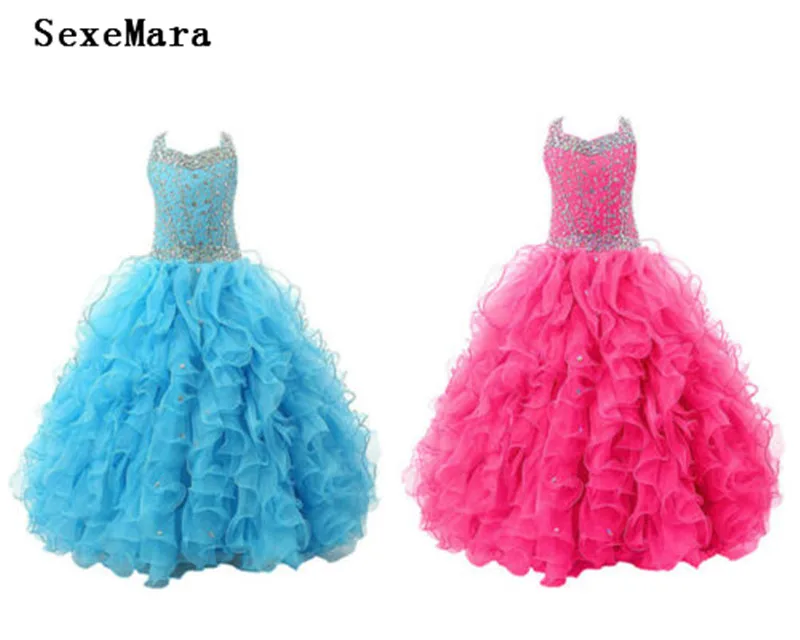 

Blue/Rose Luxury Girls Dresses Crystals Beading Puffy Organza Flower Girl Dress Kids Birthday Party Prom Gowns Custom Made Size