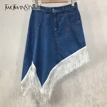 TWOTWINSTYLE, корейский стиль, с кисточками, пэчворк, Женская юбка, высокая талия, тонкая, нестандартная, джинсовые юбки, женская модная одежда,, летняя Новинка