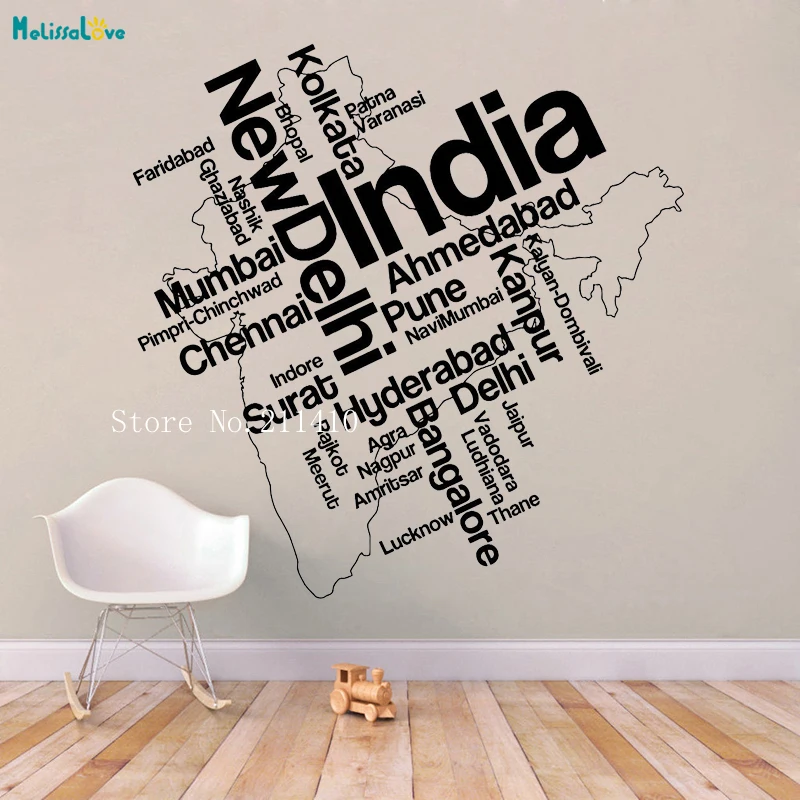Palabras India Mapa Vinly Etiqueta De La Pared Nueva India