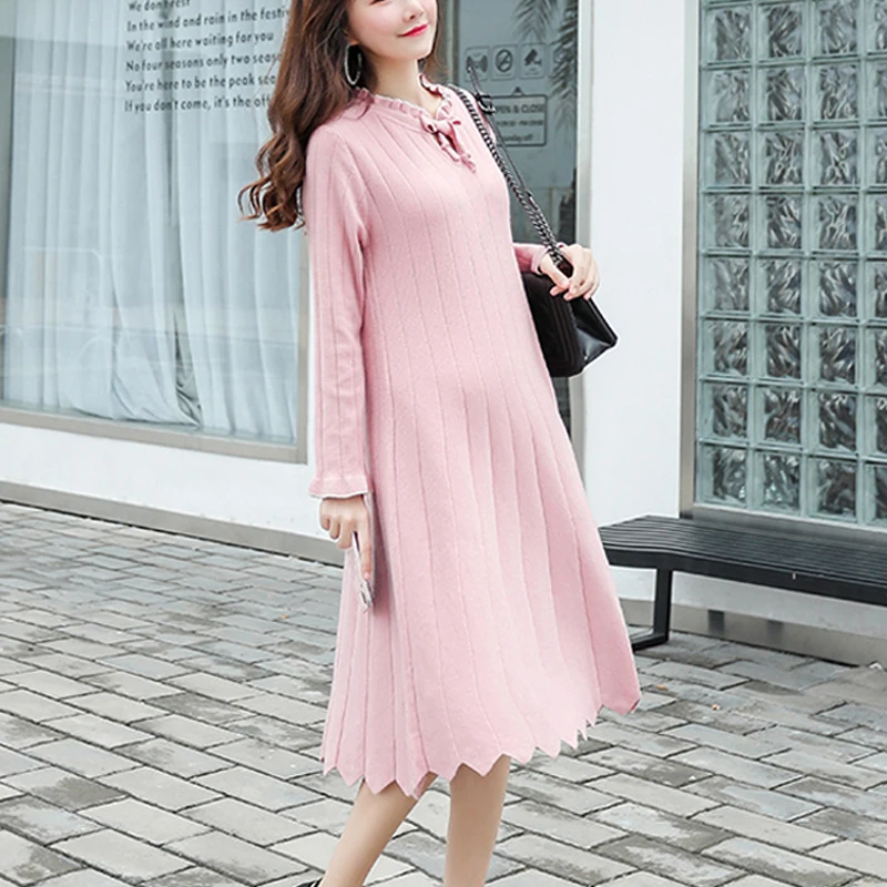 

Maternity Plus Size Knit Dress Pregnancy Cute Clothes for Pregnant Women Long Sleeve Ruffle Bowknit Dresses Fashion 3Colors