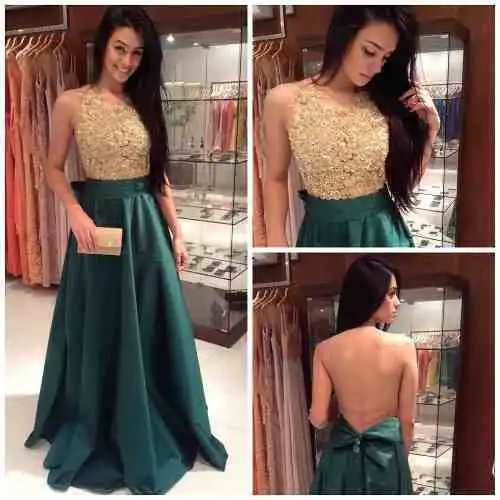 

2014 New Fashion High Neck A Line Dark Green Evening Dresses With Gold Lace Top Taffeta Prom Gown Long