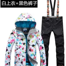 Горячий женский лыжный костюм женский Сноубординг костюм Лыжная одежда яркий цветочный принт лыжная куртка и черный комбинезон для женщин