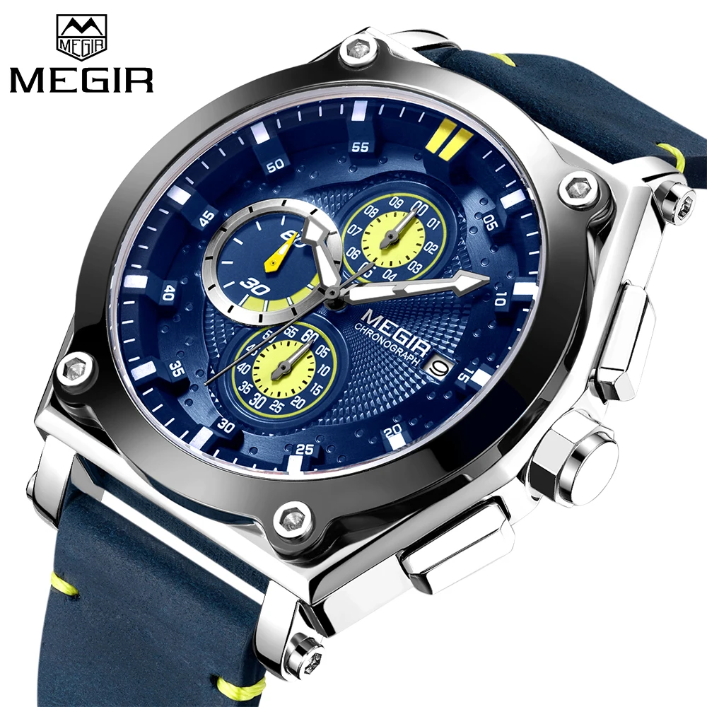 

MEGIR Men Leather Strap Watches Military Sport Chronograph Waterproof Quartz Wristwatch for Men Luminous Reloj Hombre Blue Clock