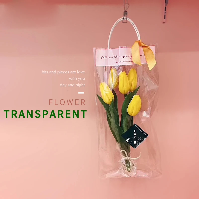 

Transparent PVC Flower Bags with Handle Bouquet Florist Rose Packaging Bags Plastic Gift Bags for Valentines's Day Party Favors