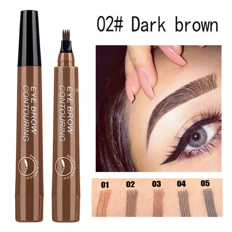 Brand Waterproof 5 Colors 4 Head Fine Sketch Enhancer Fork Tip Eyebrow Tattoo Tint Eyebrow Pencil Liquid Eyebrow Gel Pen Makeup