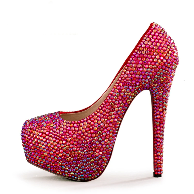 

Dazzling red crystal wedding shoes rhinestones, bride's shoes, formal dresses banquets performance of adult high heels