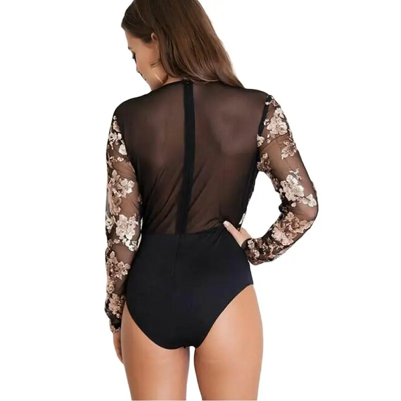 ADEWEL 2018 Spring Sexy Mesh Bodysuit Blouse Women Overalls Long Sleeve Vintage Embroidery Floral Bodysuits V Neck Romper Tops (2)