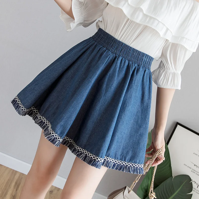 

2019 Spring Summer Women Denim Skirts Casual High Waist Elastic Tassel Short Jeans Skirts Femme A-Line Skirts Jupe Femme
