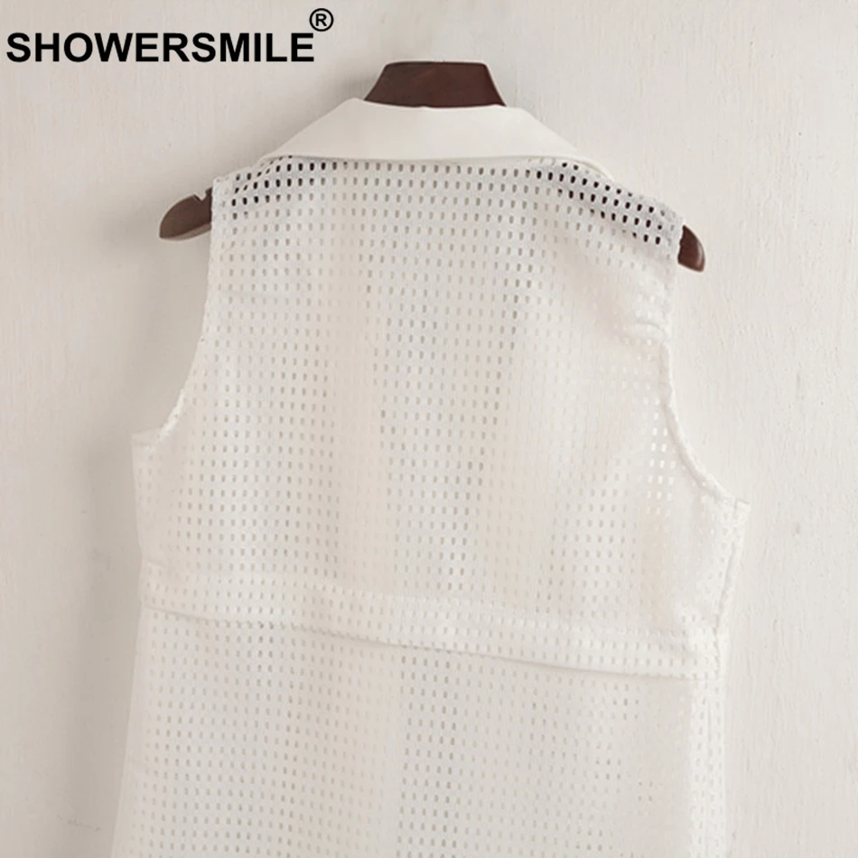 SHOWERSMILE White Vest Women Long Elegant Waistcoat Ladies OL Korean Style Hollow Out Female Spring Summer Sleeveless Jackets