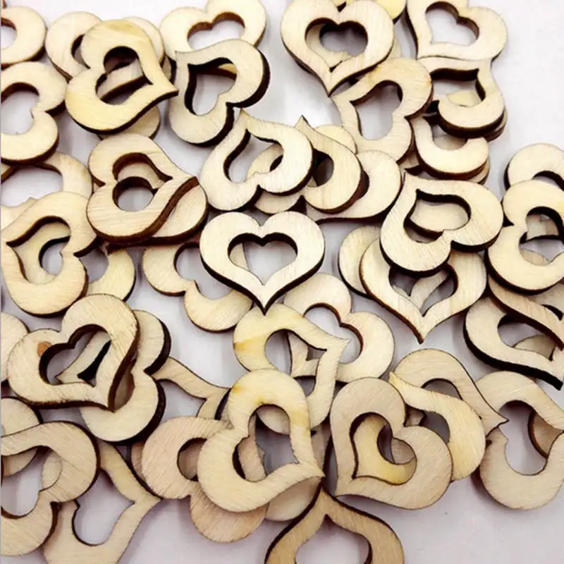 100 PCS DIY handmade wooden accessories pierced heart patch wedding