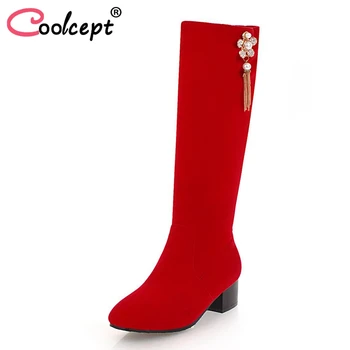 

Coolcept Sexy Women Mid Calf Boots Flower Beading Flats Plush Fur Shoes Women Winter Warm Snow Boots Fashion Shoes Size 34-39