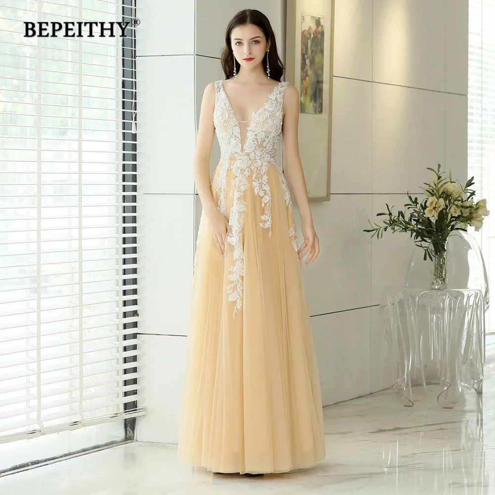 

BEPEITHY Evening Dresses Long V Neck Champagne Tulle Lace Prom Dress Robe De Soiree Sexy Backless Evening Gown 2019
