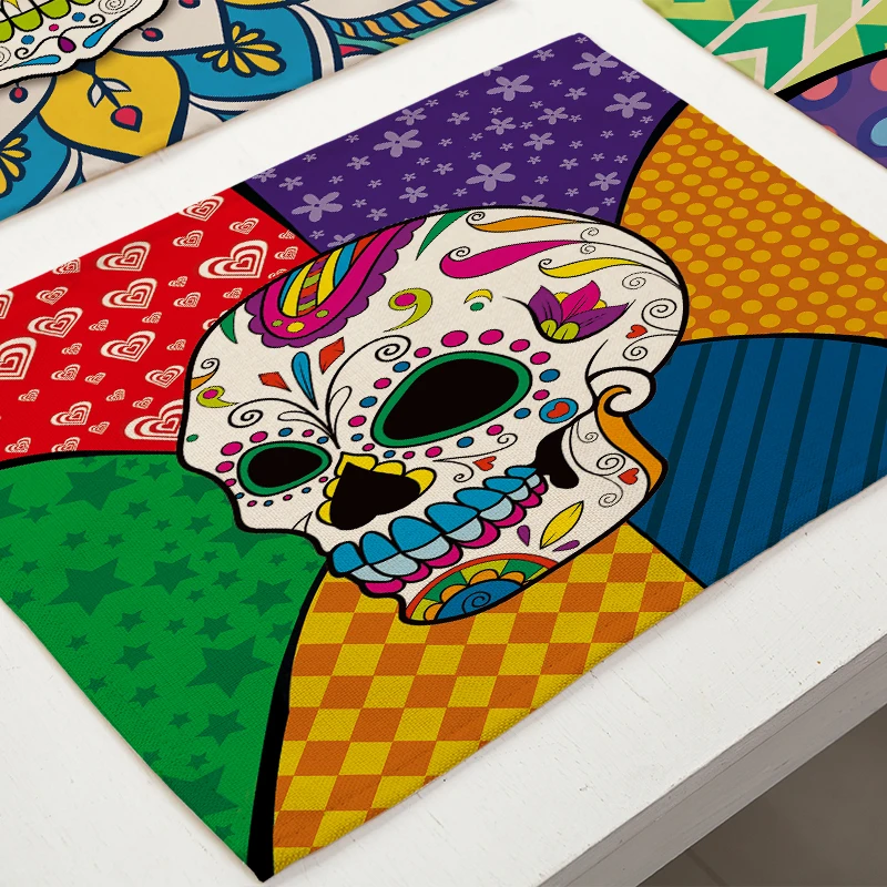 Miracille 2/4/6pieces Set Sugar Skull Art Home Decorative Table Place Mats Flower Skulls Pattern Placemats For Kitchen Table