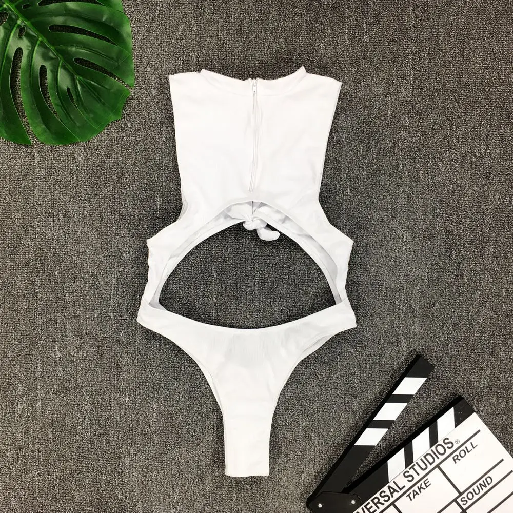 Women's High Cut Solid Knot One Piece Swimsuit - Micro Monokini Zipper Maillot Ribbed Swimwear with High Leg Cut image 5