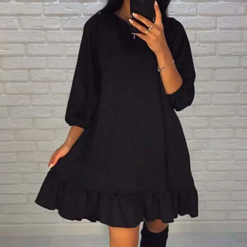 Новогодние платья для женщин, элегантное платье с рукавами-фонариками и оборками, короткое весенне-осеннее женское платье WS3866y - Цвет: Черный