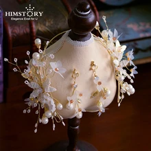 HIMSTORY Romantic Handmade Pearls Flower Wedding Tiara Headband Bridal Hair accessories Women Jewelry Bridesmaids HAirband 2017 new pearls chiffon flower headband girls hairband bohemian crown tiara floral golden leaves bandeau turban hair accessories